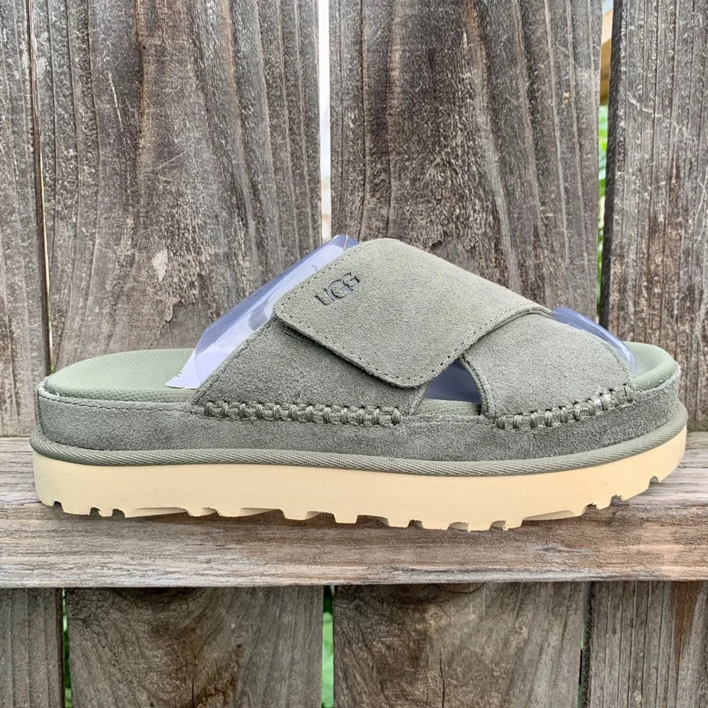 UGG Sandals Goldenstar Cross Platform Slide Moss Green Suede Leather - Picture 9 of 16